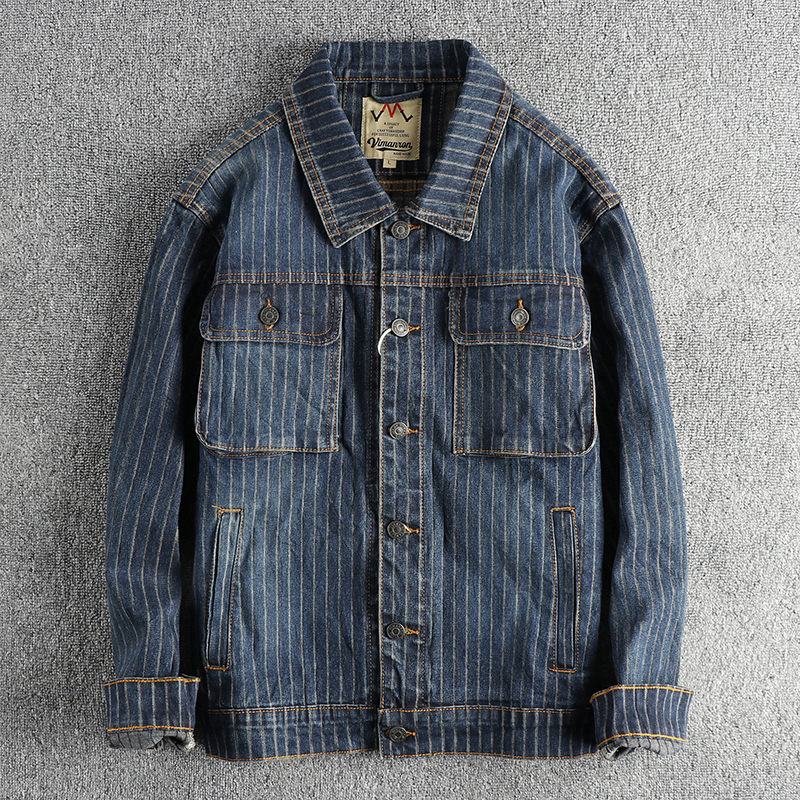 Autumn and winter American retro mens striped washed out casual denim jacket loose 240824