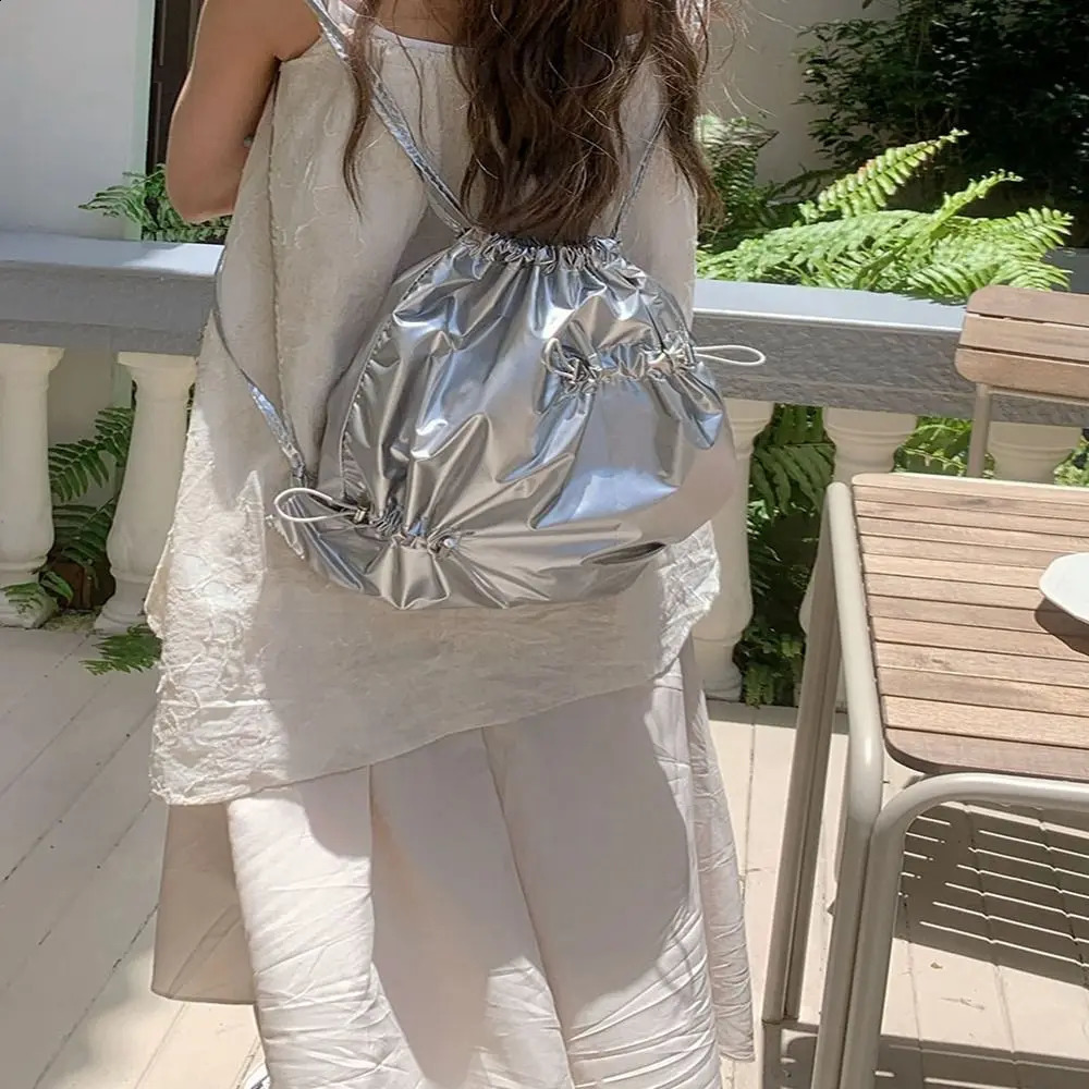 Leisure Korean drawstring backpack business folding nylon Ruched backpack niche book bag silver shoulder bag outdoor 240912