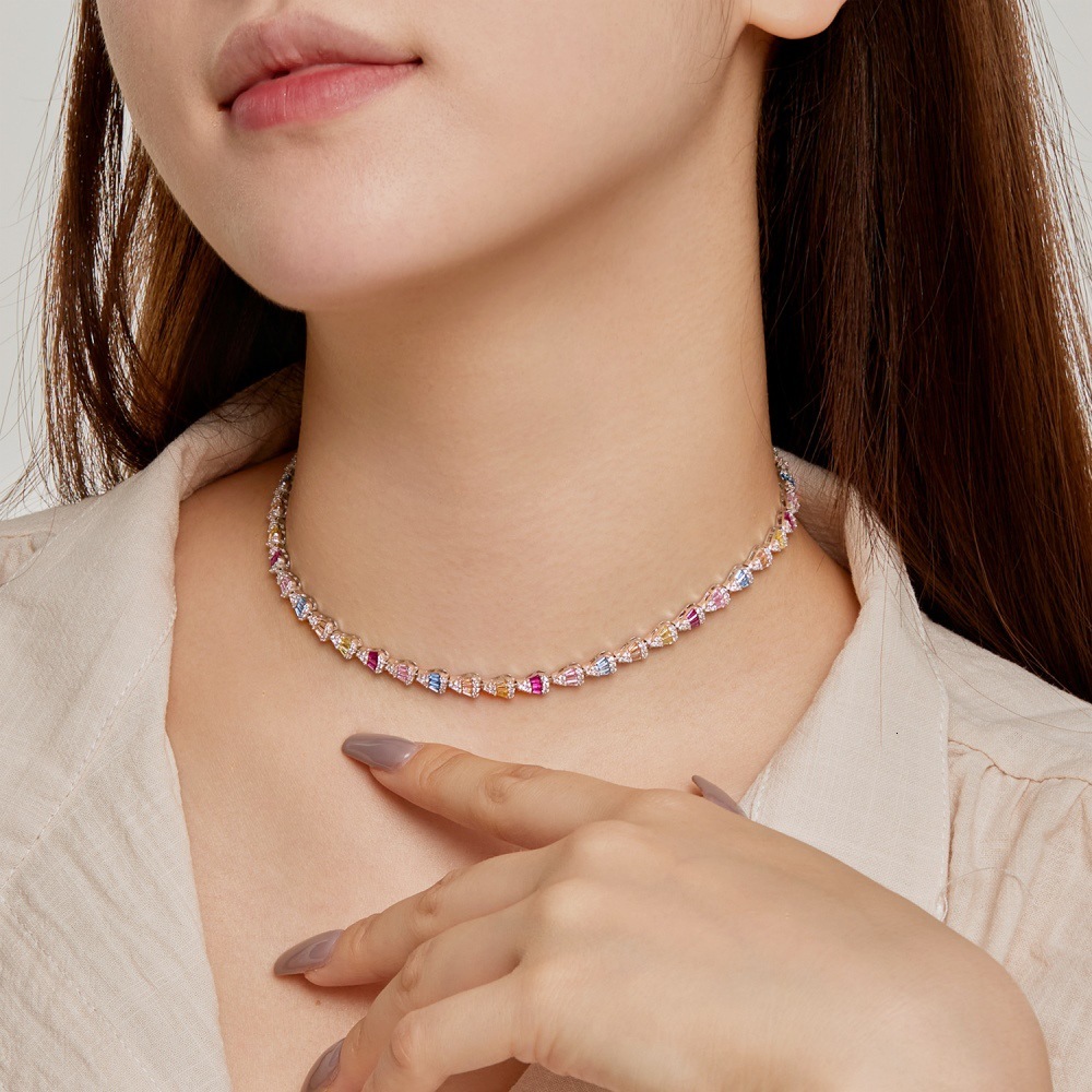 New S Pure Sier Women's Necklace with Colored Zirconia Inlaid Hot Air Balloon Style Rainbow Fashion Versatile Wedding Ornament