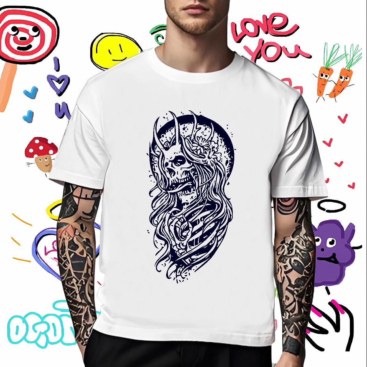 Loose Fit T-Shirts for Men 100% Cotton 230g skull Street Casual Cartoon Print Short Sleeve O-Neck Men Tops Tees Customized Polos