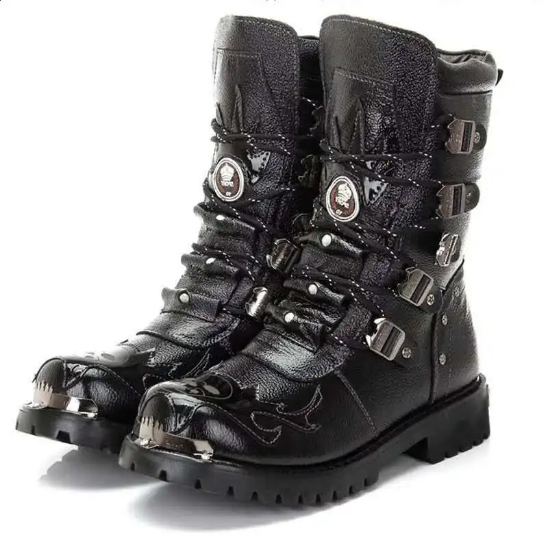 Men Motorcycle Boots Fashion Mid-Calf Punk Rock Punk PU Leather Black High Top Mens Casual Boot Steel Toe Shoes Big Size 38-46 240819