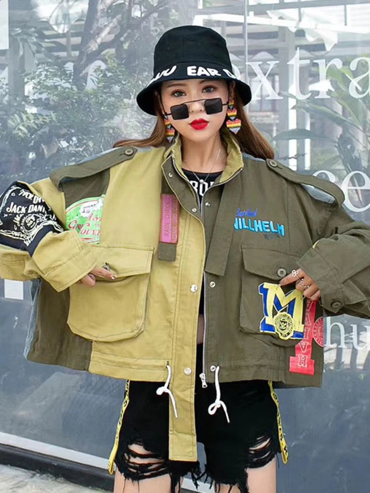 IEQJ Retro Splicing Letter Jacket Irregular Comparison Pocket Womens Short Coat Autumn Fashion 3WQ748 240826