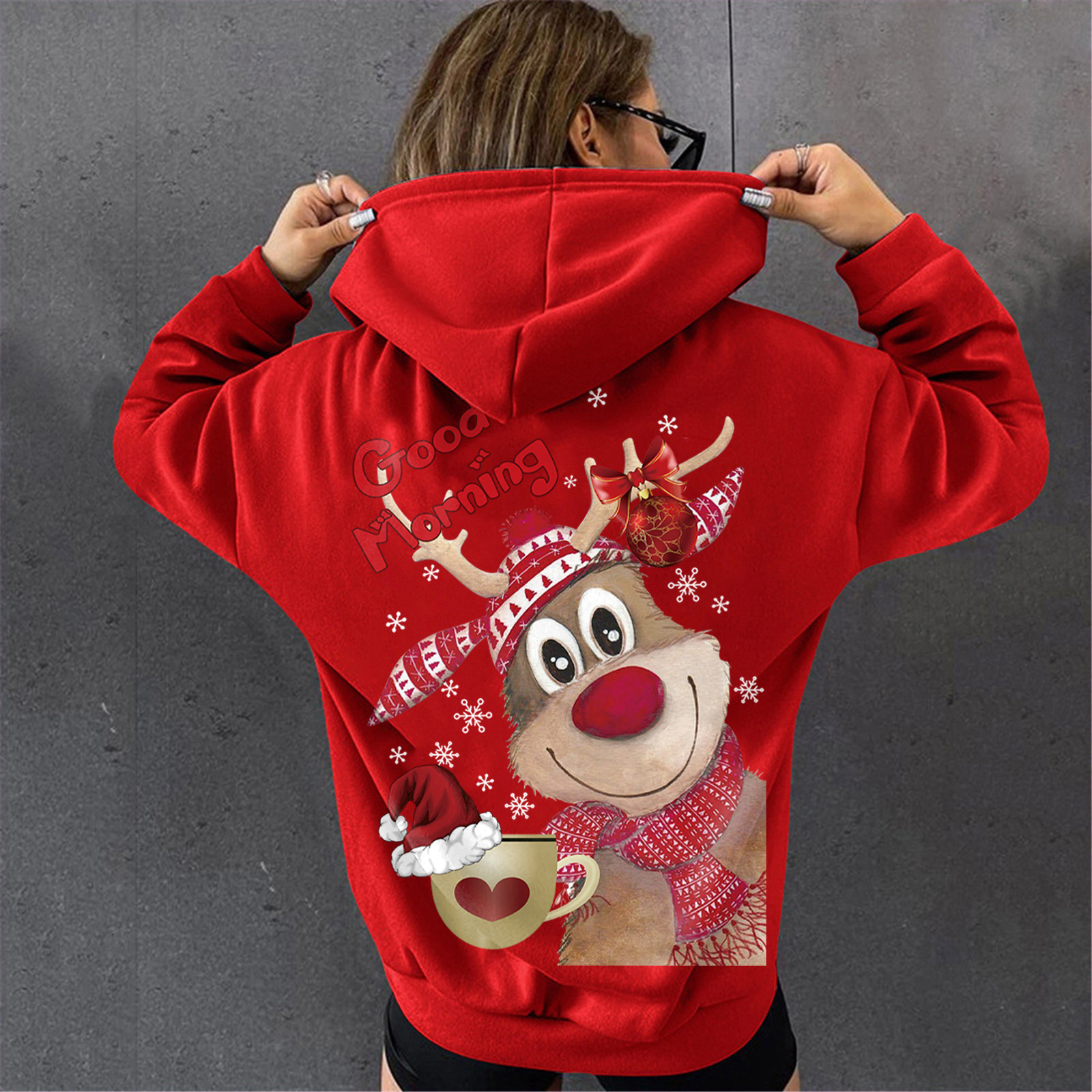 Winter Women's Plush Loose Christmas Elk Printed Hoodie dongdumaoyi