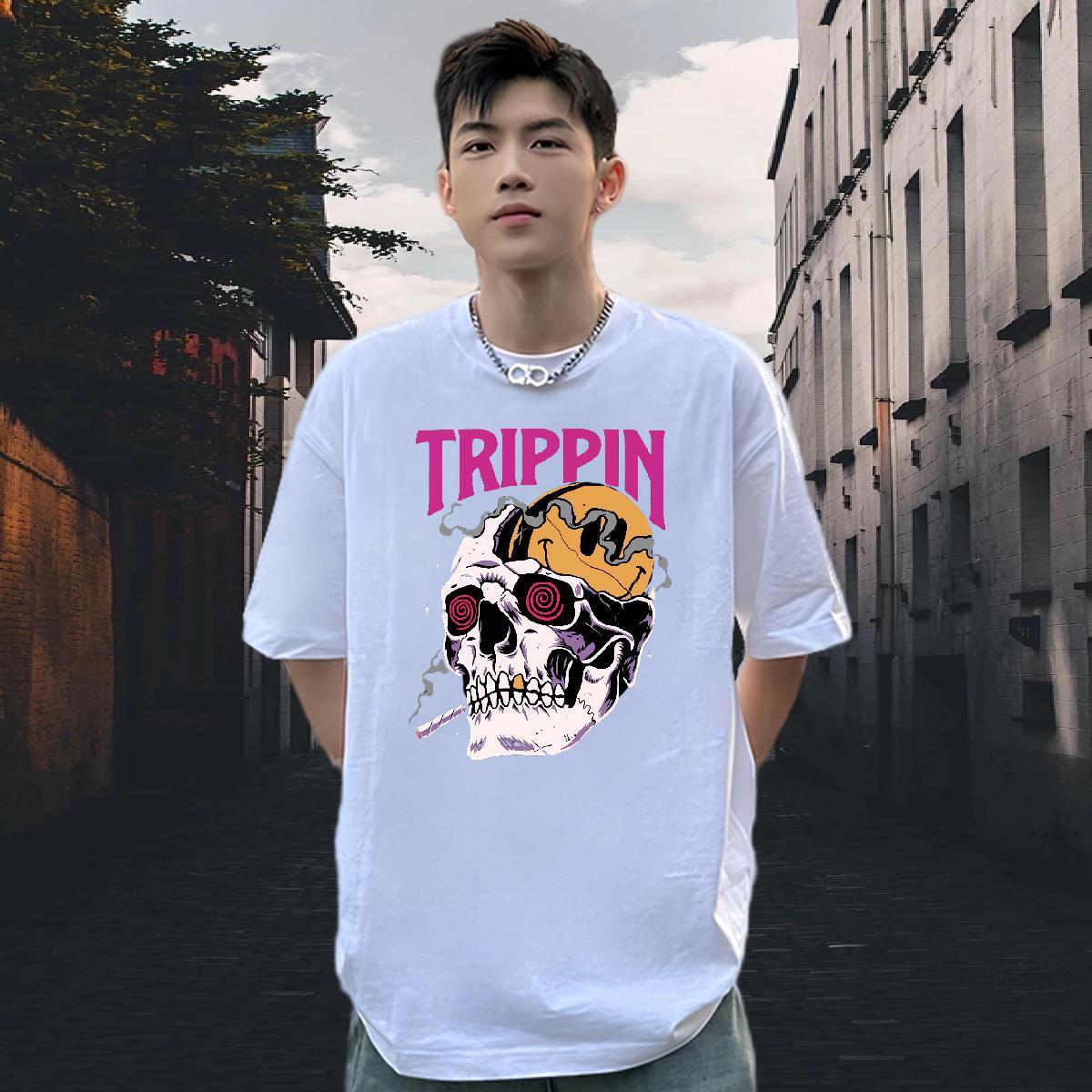 Loose Fit T shirt 100% Cotton 230g skull Anime Printing Street DIY Logo Oversized Short Sleeve O-Neck Men Clothes T-Shirt New Tshirts