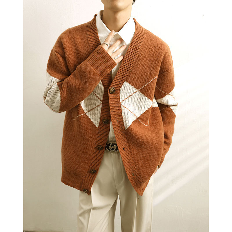 Korean Version New Loose Knitted Jacket Autumn and Winter Mens High-end and Stylish Design Diamond Grid Sweater Cardigan Mens
