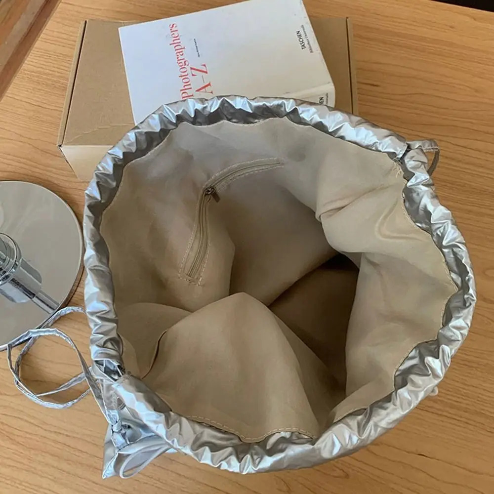 Leisure Korean drawstring backpack business folding nylon Ruched backpack niche book bag silver shoulder bag outdoor 240912