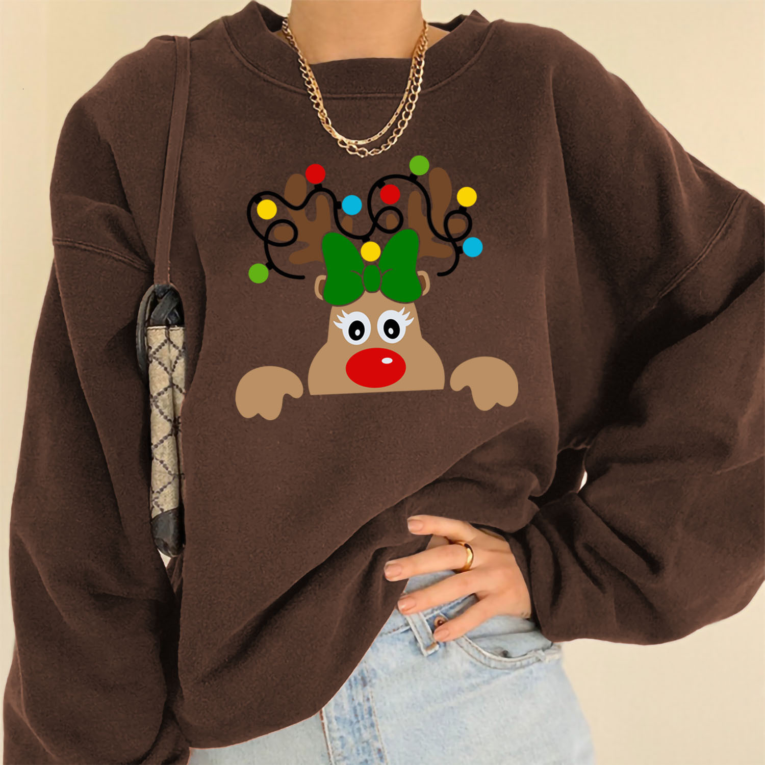 Elk Pattern Printed Women's Long Sleeve Large Size Fleece Falling Shoulder Rainbow Christmas Hoodie dongdumaoyi