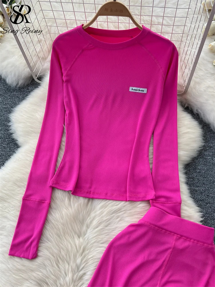 SINGREINY American Casual Sporty 2PC Suits Ladies O-Neck Letter Print Bodycon TopHigh Waist Skinny Pencil Pants Fashion Sets 240826