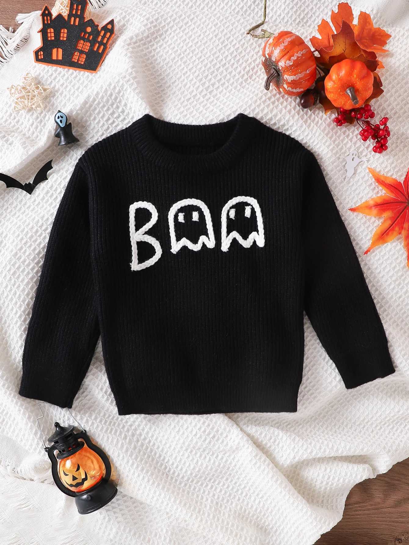 Newborn autumn winter baby Halloween letter cartoon pumpkin ghost embroidery long sleeved baby sweaterW240824