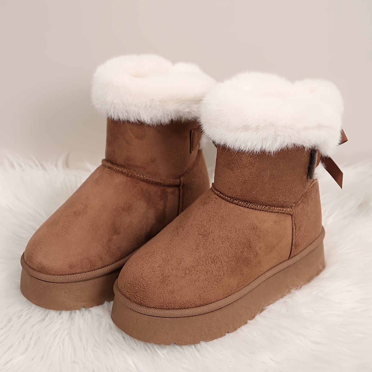 Womens Solid Color Platform Snow Boots Hook and Loop Fastener, Plush Fabric Lined, Comfortable Flat Heel, Round Toe, PVC Sole, Perfect for Casual Wint