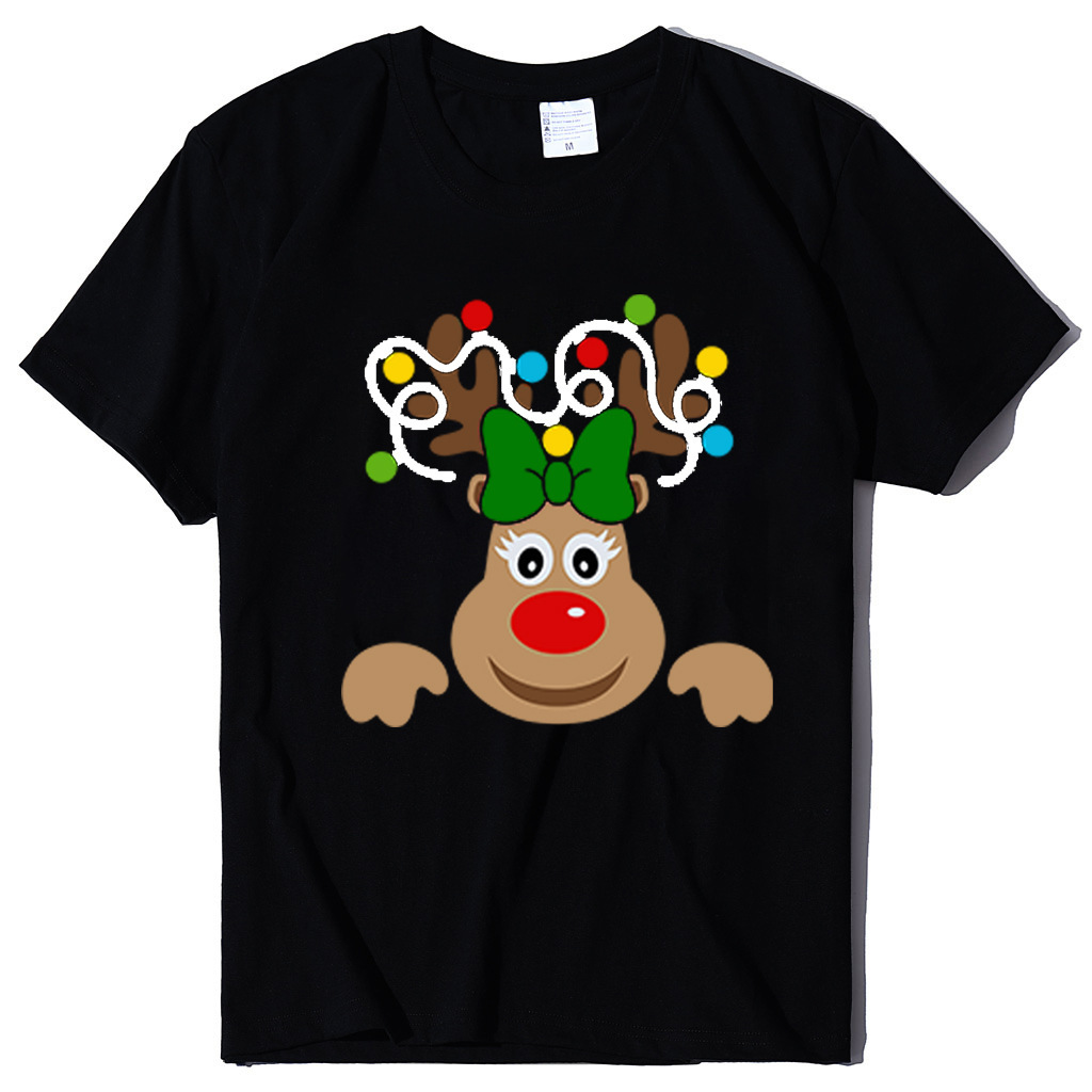 Autumn round neck fashion Christmas deer cartoon women's short sleeved shirt dongdumaoyi