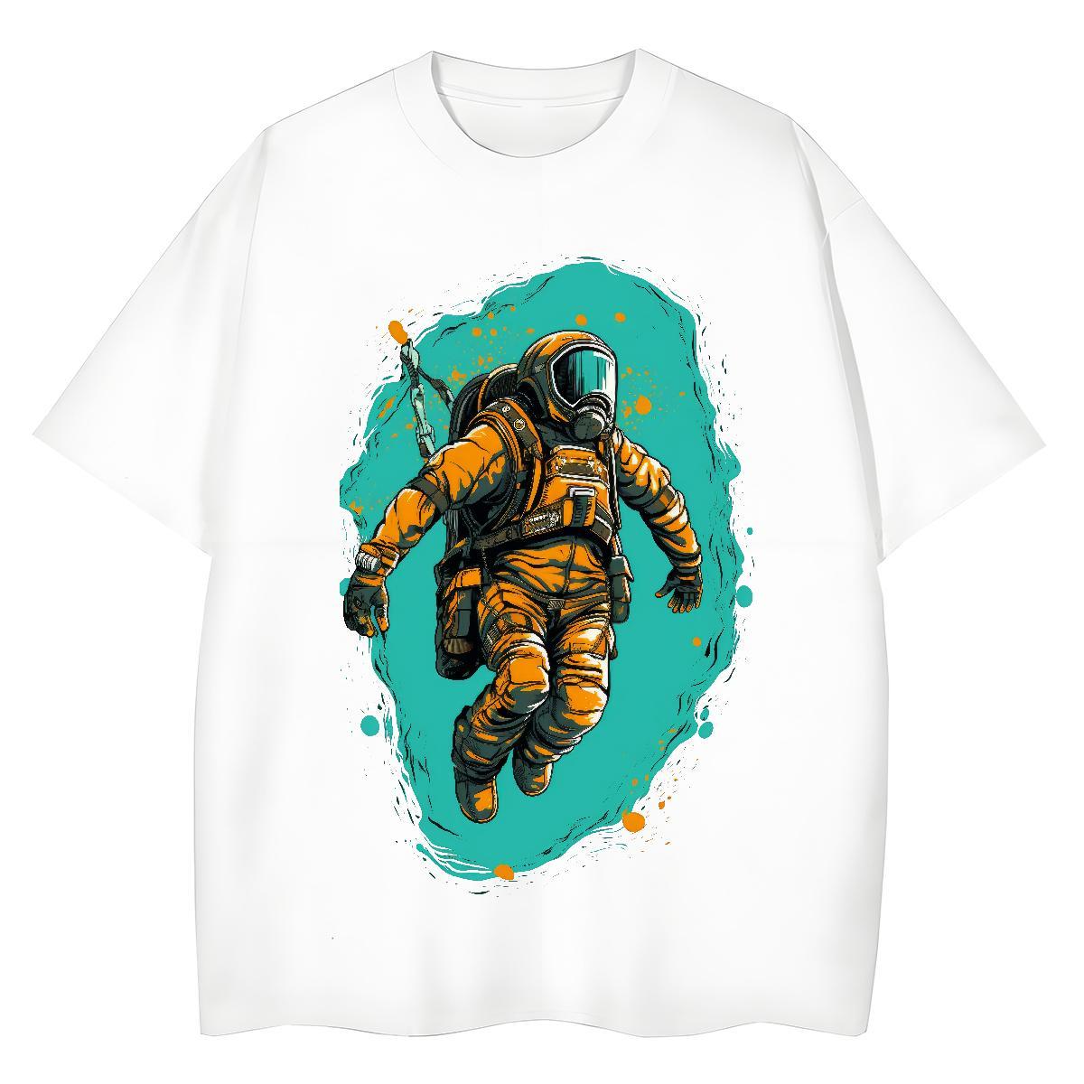 Loose Women Tees 230g Pure Cotton cosmonaut Casual Beach T-Shirts Short Sleeve O-Neck Cartoon Print Tops Shirt