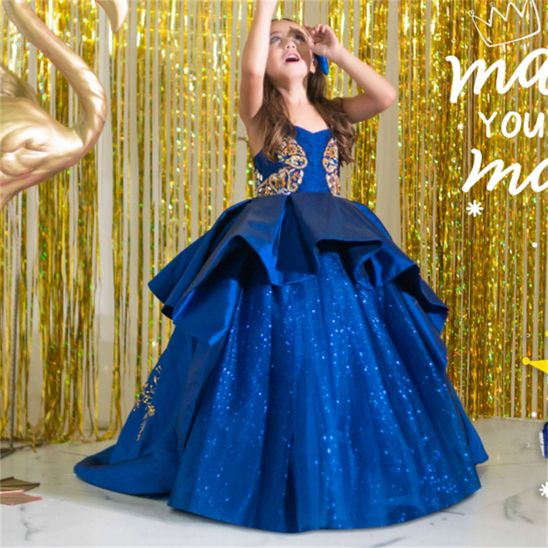 Royal Blue Mini Quinceanera Dresses Ball Gown Spaghetti Straps Appliques Long Flower Girl Dresses For Weddings Mexican Charro Pageant Dresses Baby