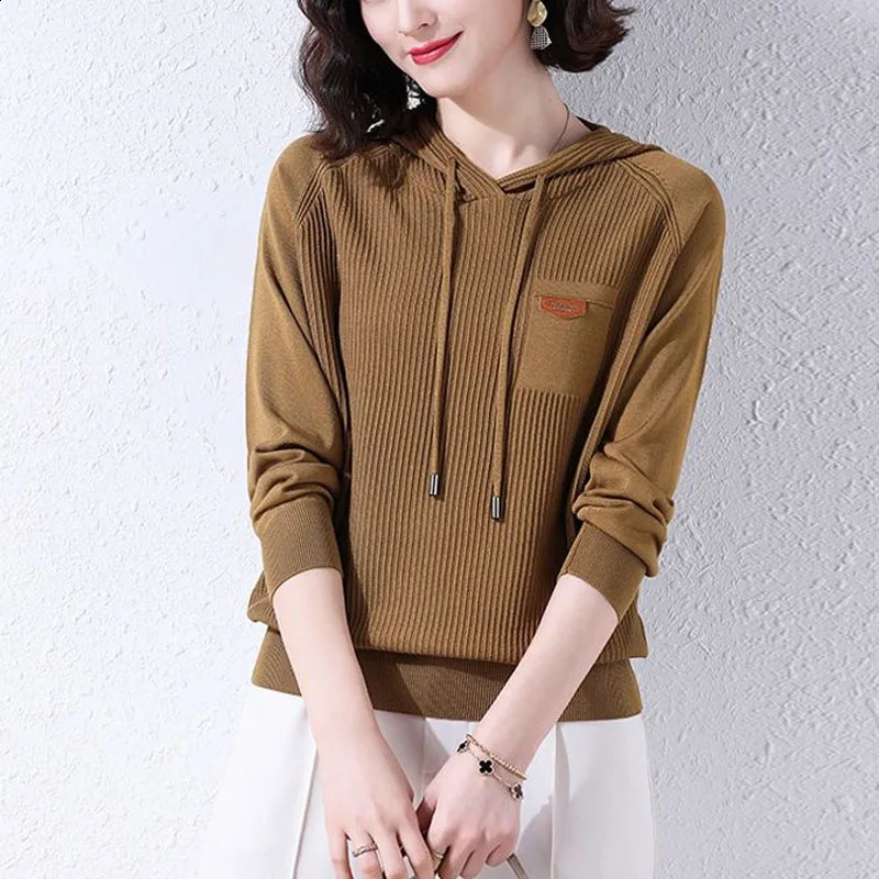 Spring and Autumn Fashion Solid Color Hooded Thread Ice Silk Knitted Sweater Temperament Womens Sweater 240824