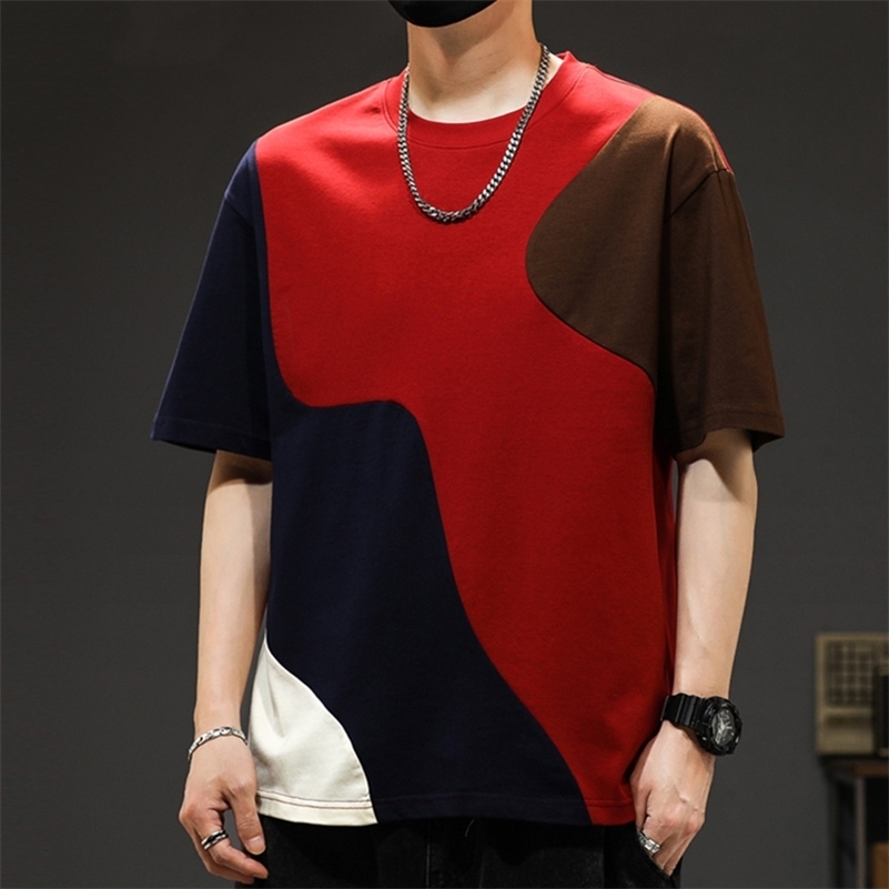 Summer Trendy Panelled Patchwork Fashion Loose Round Neck Short Sleeved T-shirt Mens American Vintage Casual Versatile Tops 240824