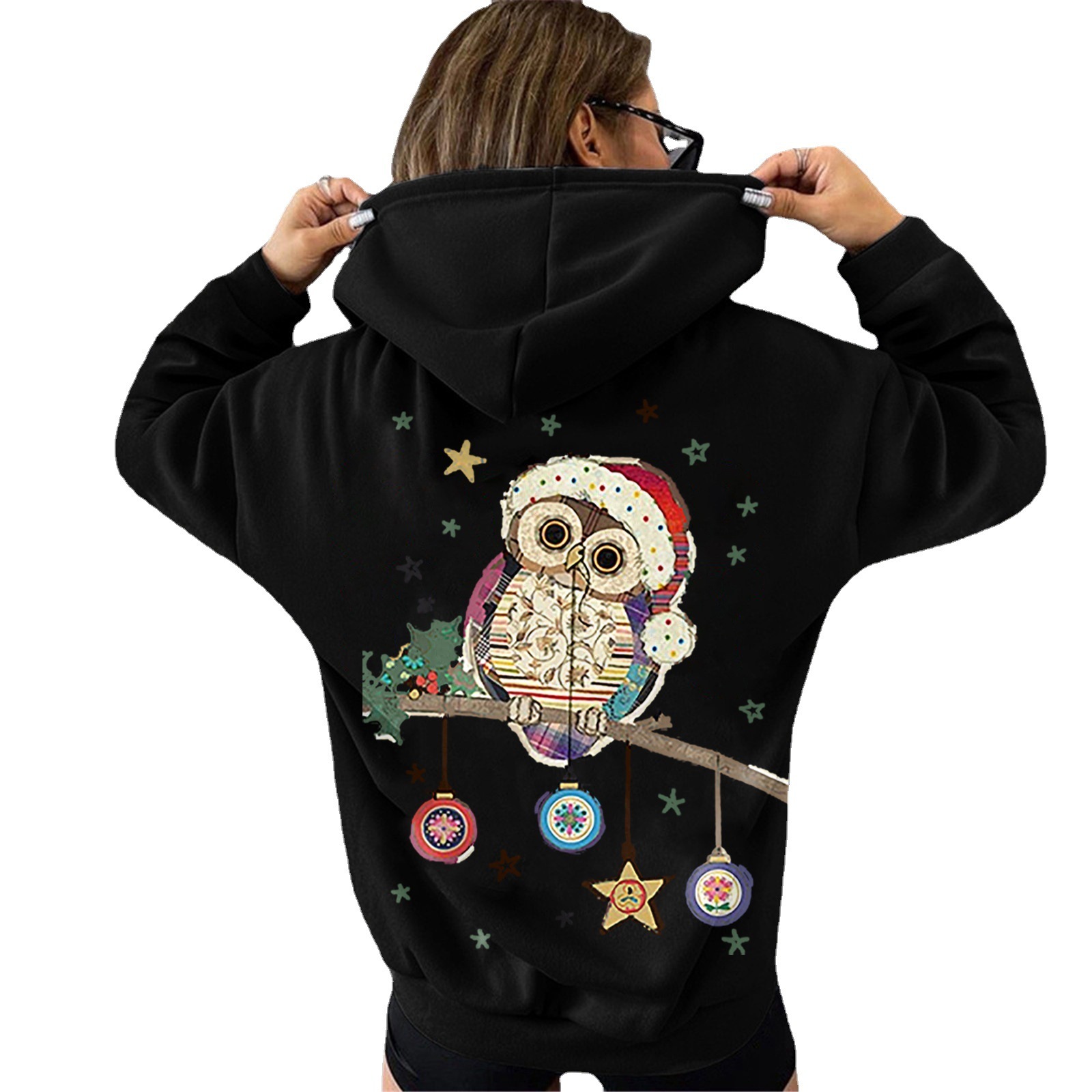New Christmas hoodie for women with loose fleece hooded sweatshirt and owl print jacket dongdumaoyi