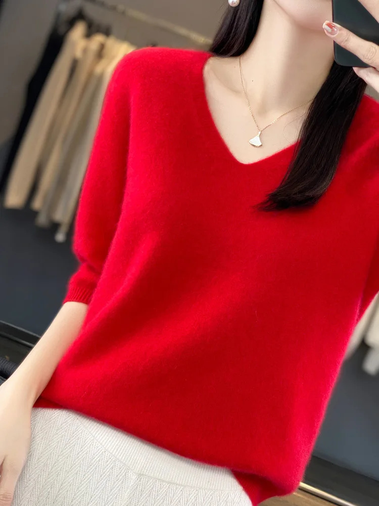 Aliselect short sleeved womens knitted sweater 100% pure Merino wool cashmere spring fashion Vneck top with floral clothing 240826