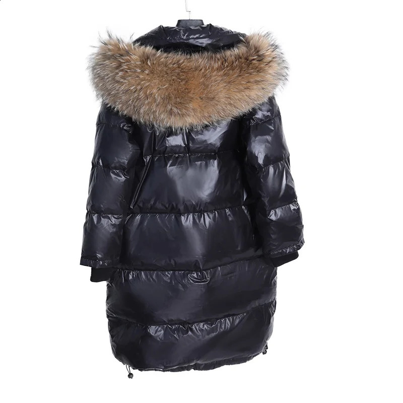 Maomaokong Women Winter Black Loose Long Down Jacket Real Fur Collar Hooded Fashion Waterproof Female Large Coat 240824