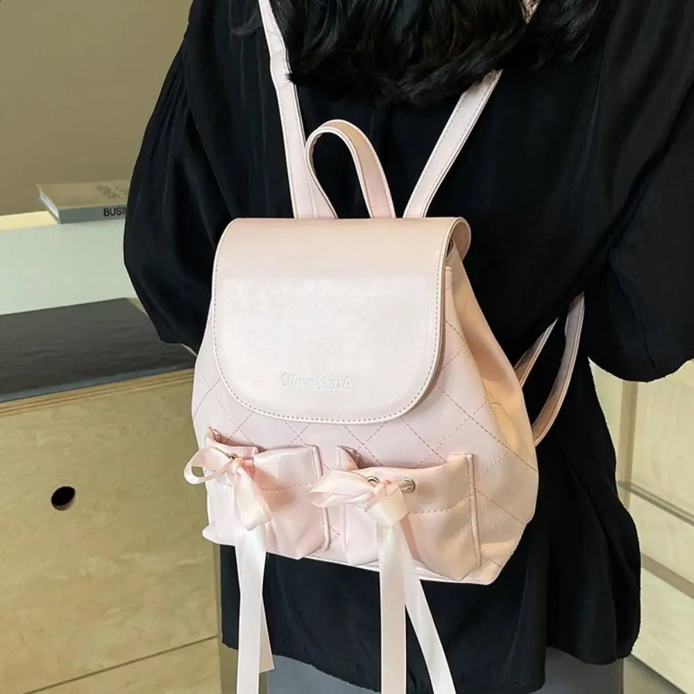 Korean style bow backpack ballet style double bow nylon drawstring Knapsack large capacity solid color Y2k school bag 240912