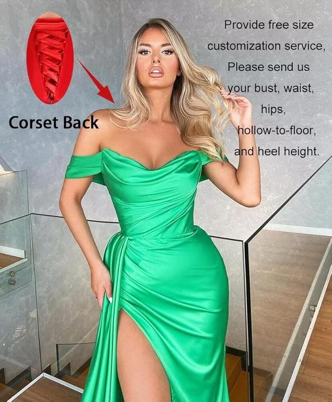 Off Shoulder Prom Dresses Long Train for Women Formal Dress Wrap Satin Ruched Evening Dresses with Slit Plus Size Bridesmaid Dresses