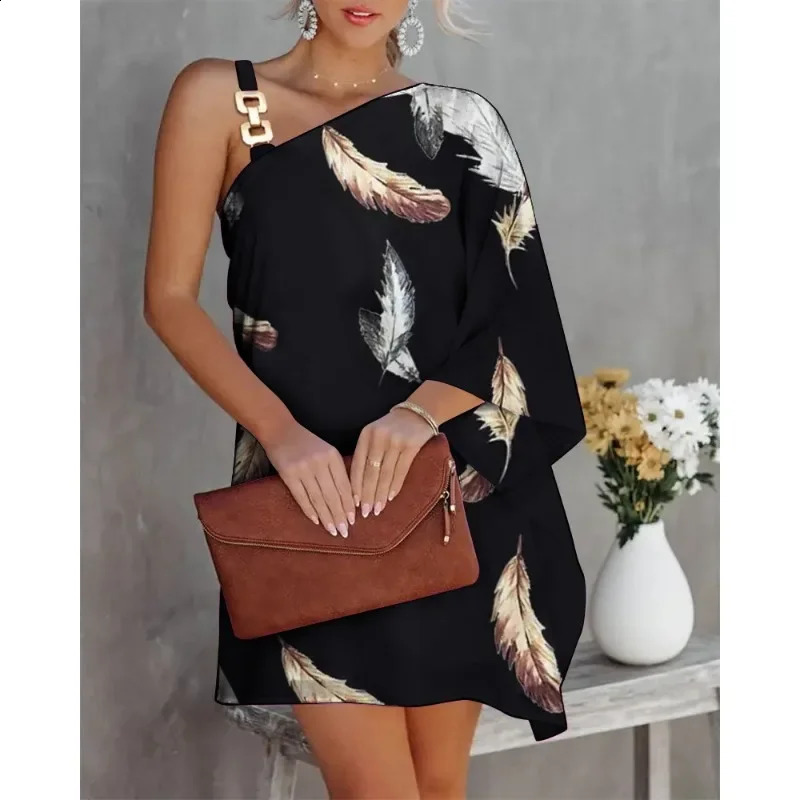 Summer Womens One Line Diagonal Neck Off Shoulder Dress Fashion Printed Solid Color Dress Metal Strap Bat Sleeve Dress 240824