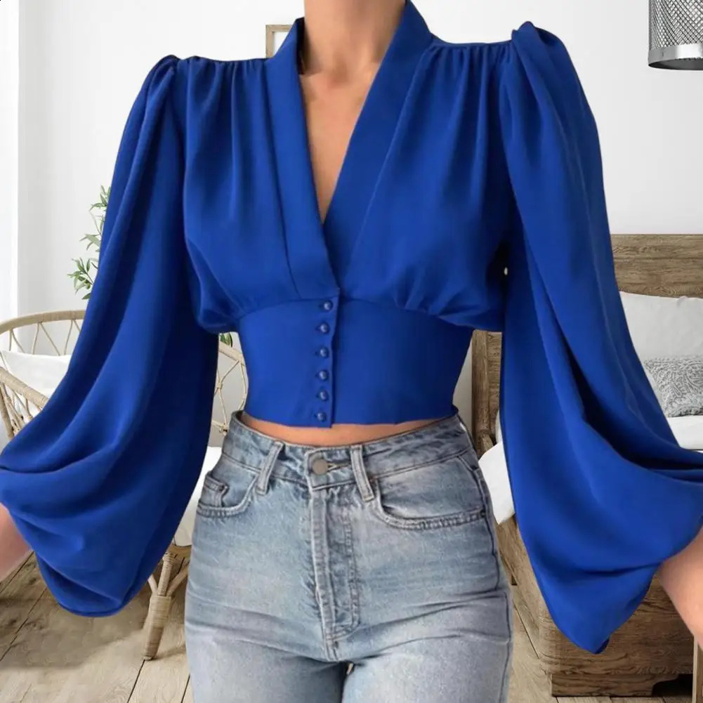Fashion Women Shirt V-neck Slim Buttons Tight Shrinkable Cuffs Cropped Shirt Lantern Long Sleeve Flower Print Blouse 240814