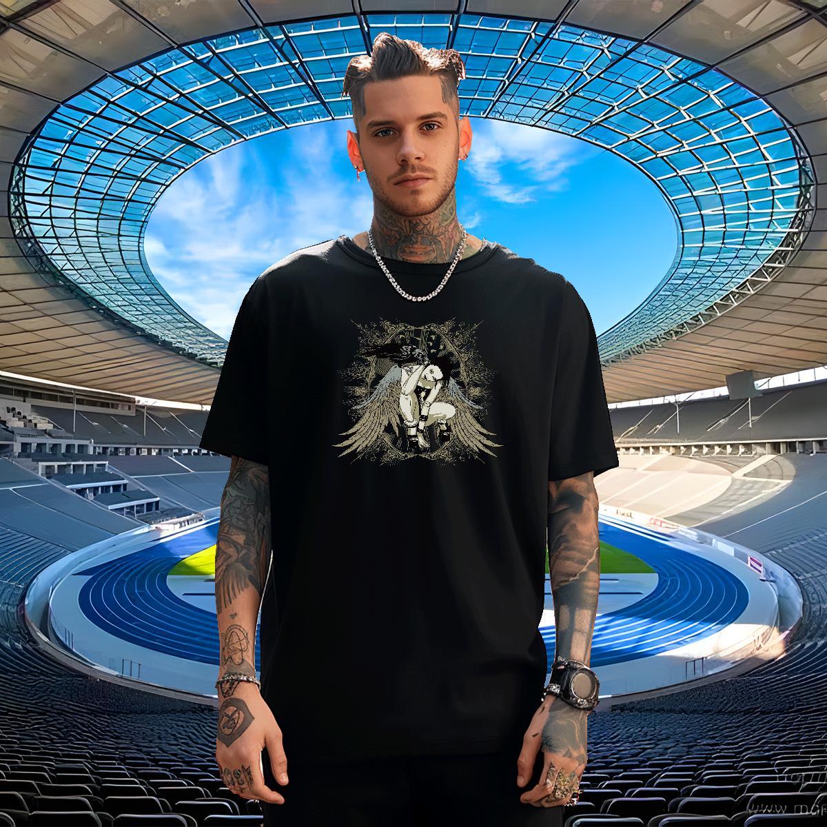 Comfortable T Shirts Men 100% Cotton 230g wing Street Black White Breathable Crew Neck Men Clothes T-Shirt Designer Fashion Tshirts