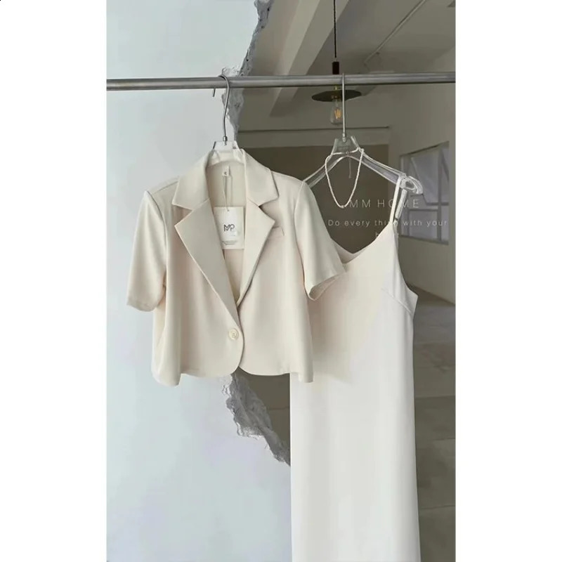 Womens Dress Suits Office Grey Blazers Short Coat Short Sleeve Jacket Sexy Camisole Dress Bodycon Two Piece Sets Lady Outifits 240826
