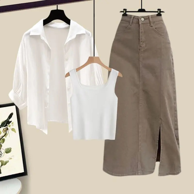 Summer Korean Elegant Dress Matching Set Womens Fashion Sunscreen ShirtVestCowboy Midi Skirt Three Piece Female Suit 240826