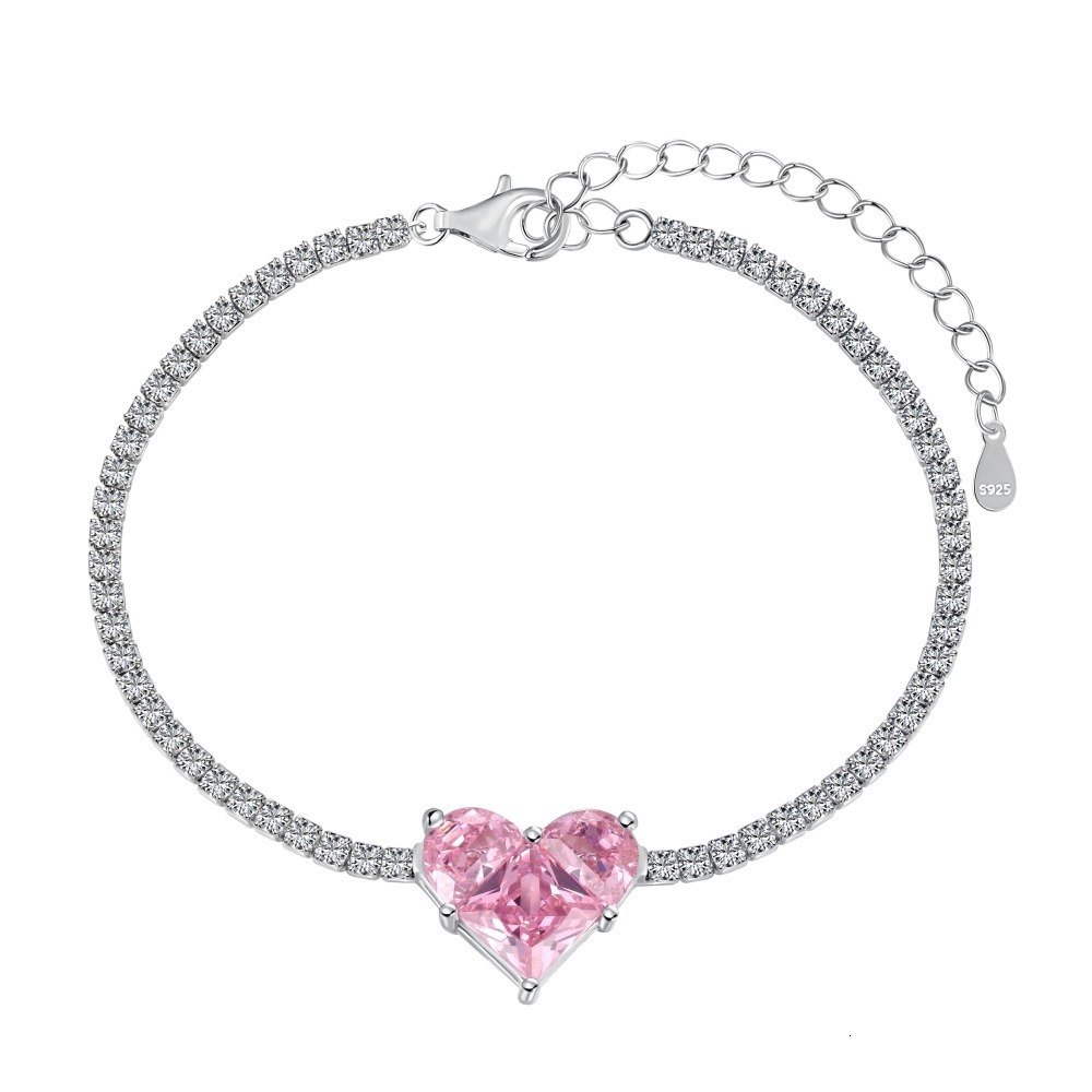 New S pure light high-end heart-shaped princess pink diamond droplet pear shaped colored zircon sier jewelry