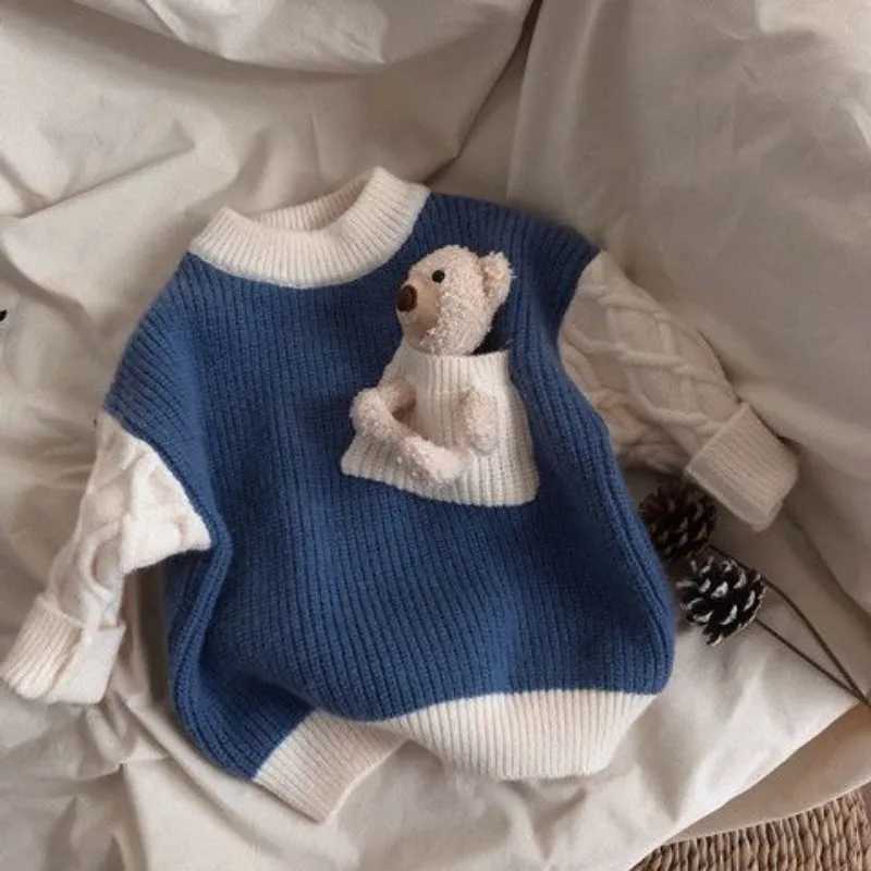 Childrens winter thick sweater baby Korean contrasting plush knitted shirt suitable for boys and girls wearing round neck underwearW240824