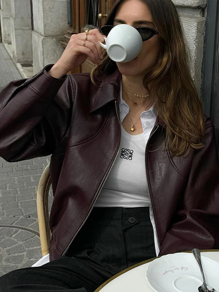 Solid zipper womens leather jacket casual lapel long sleeved womens jacket autumn casual womens jacket 240827