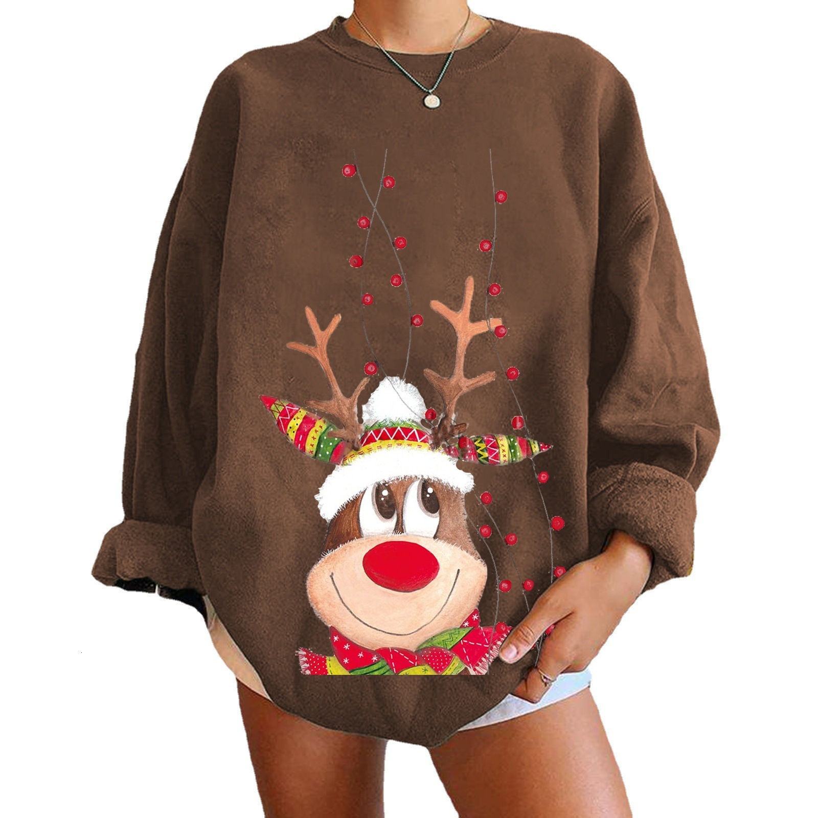 Ins style 2 cute reindeer hoodies with printed women's shoulder down, plus size round neck fleece hoodie for women dongdumaoyi