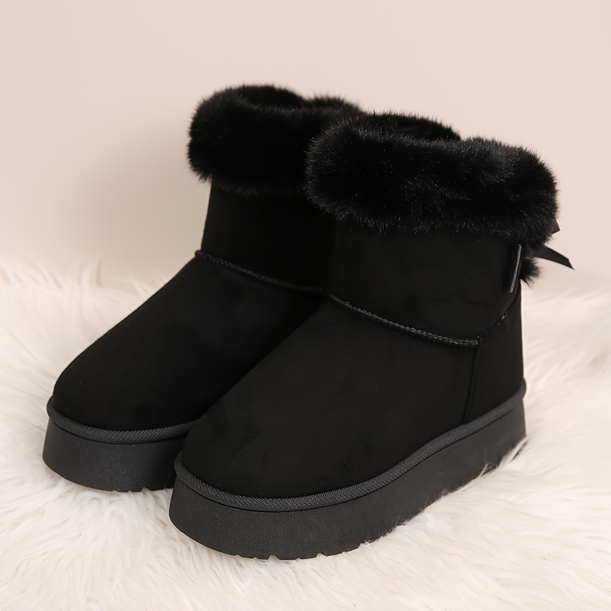 Womens Solid Color Platform Snow Boots Hook and Loop Fastener, Plush Fabric Lined, Comfortable Flat Heel, Round Toe, PVC Sole, Perfect for Casual Wint