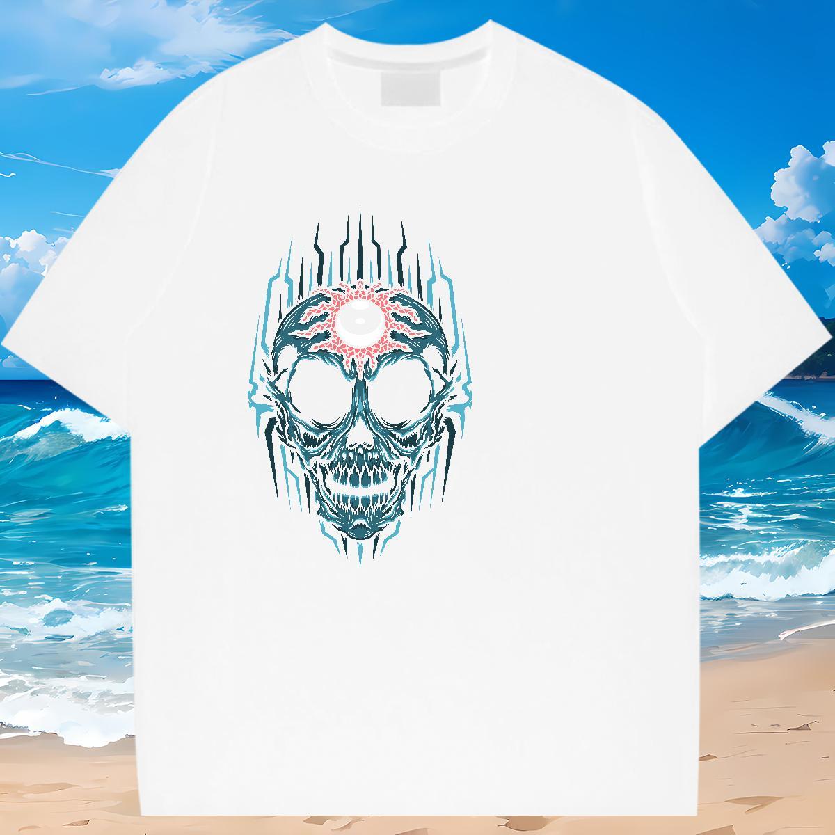 Loose Fit Mens T Shirts 230g Cotton skull Casual Beach Black Oversized Short Sleeve O-Neck Men Tshirts 2024 Top Tees