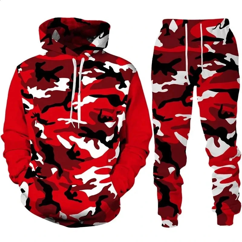 2024 camouflage hooded pants set 3D printed casual mens high-quality track and field suit set fashion mens clothing 2-piece set 240824