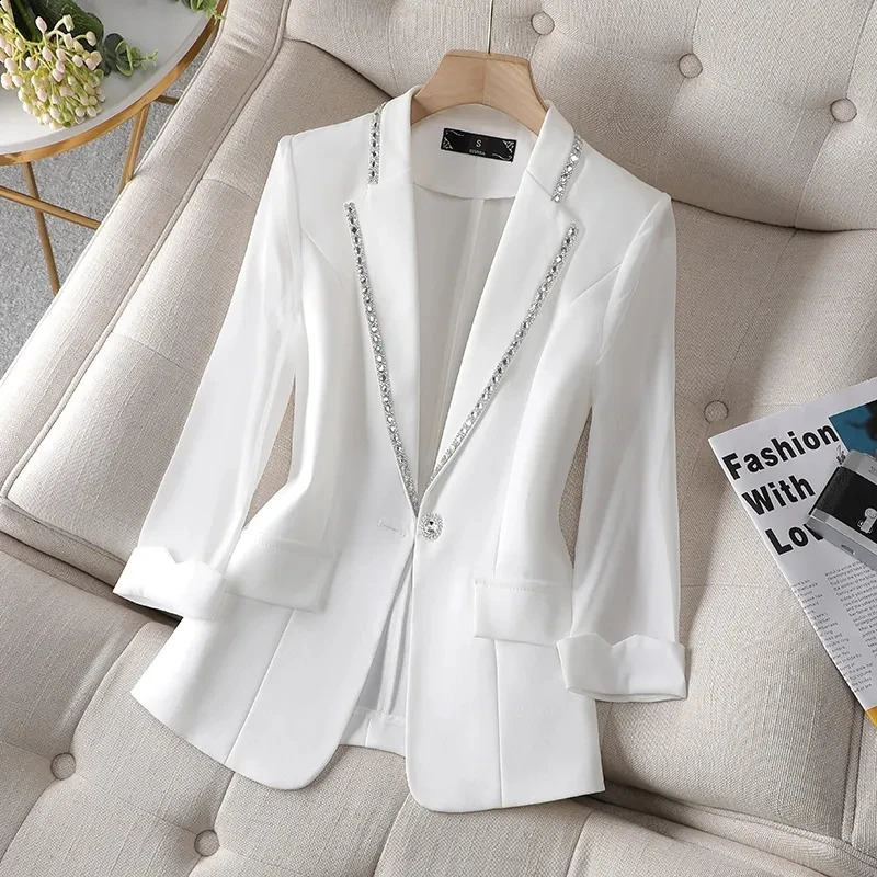 Autumn Womens Blazer Paillettes Femme Summer Sunscreen Jacket White Suit Jacket Womens Fashion Thin Black Cardigan 240826