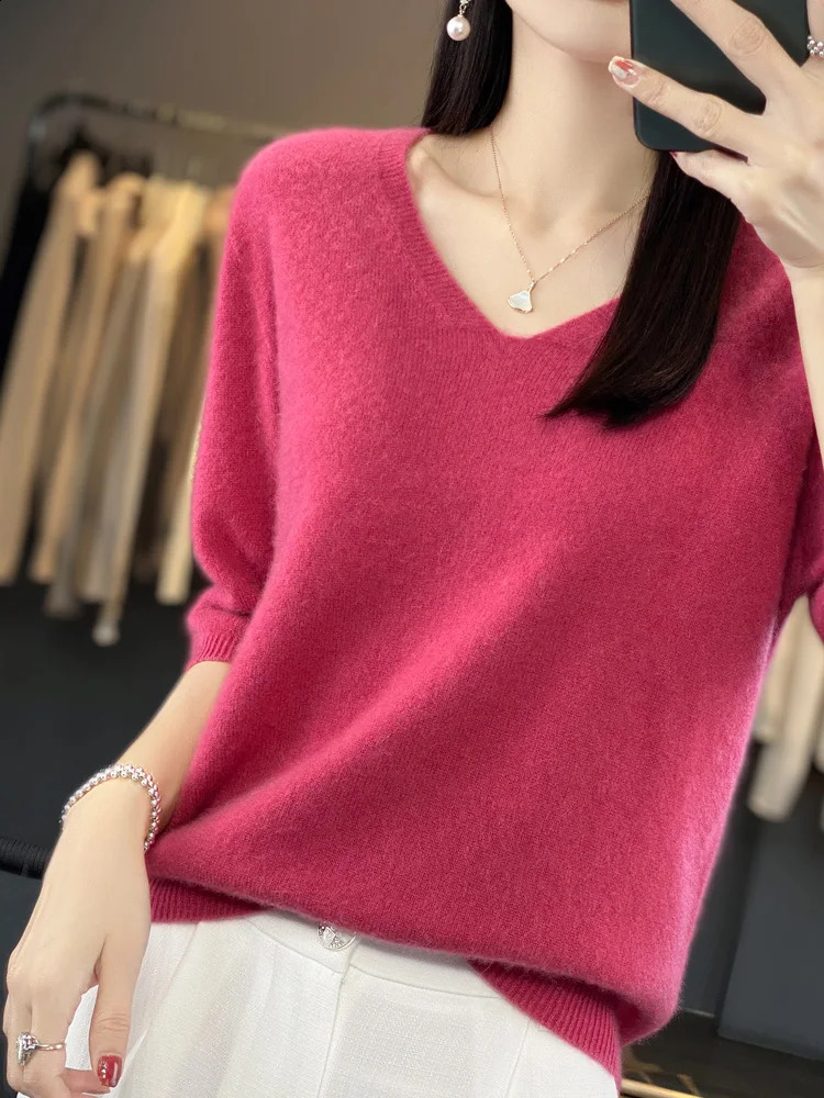 Aliselect short sleeved womens knitted sweater 100% pure Merino wool cashmere spring fashion Vneck top with floral clothing 240826