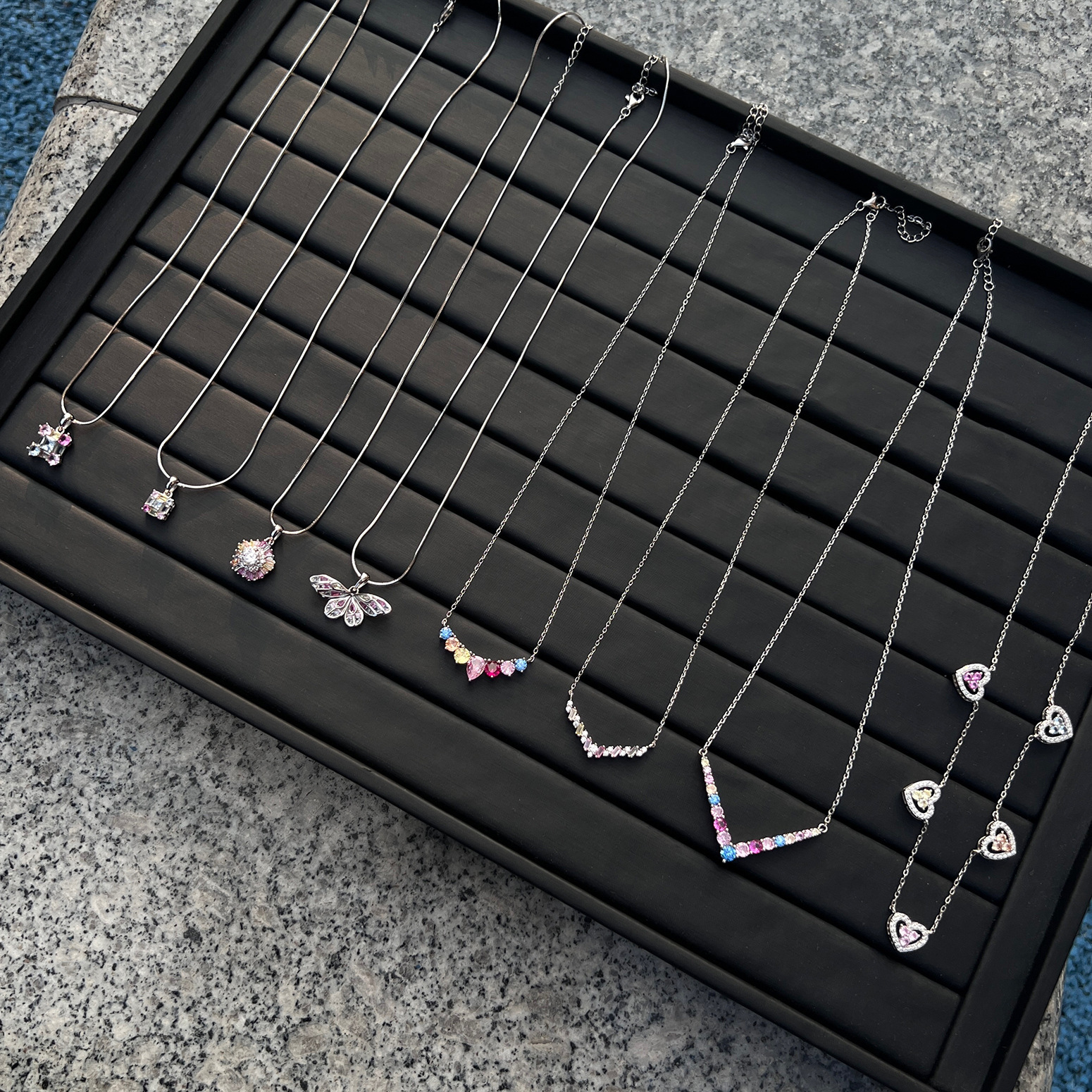 Japanese and Korean new S pure sier women's collarbone chain color zirconium inlaid geometric love sun butterfly pendant female decoration
