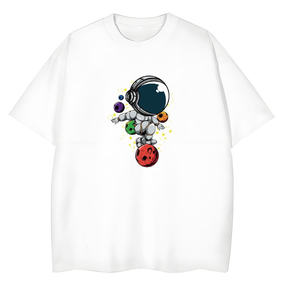 Soft Woman Tshirt 230g 100% Cotton cosmonaut Casual Sport T Shirts Women Crew Neck Cartoon Floral Printing Polos