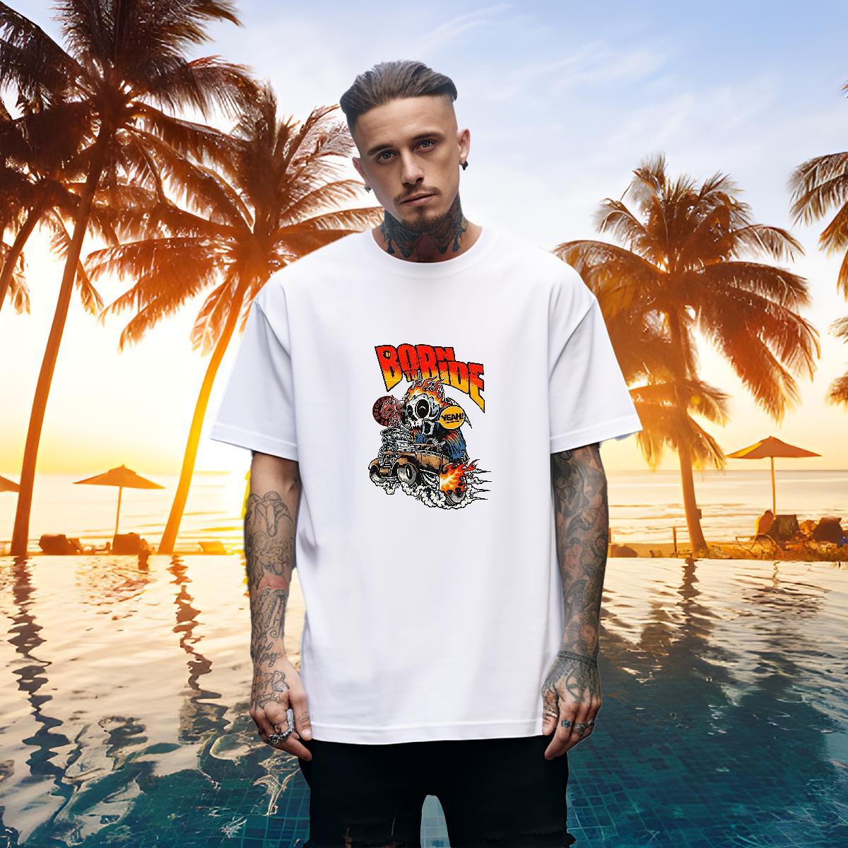 Soft T-Shirts for Men 230g 100% Cotton skull Anime Printing Street Black Oversized Crew Neck Breathable Men Tees 2024 Tshirts