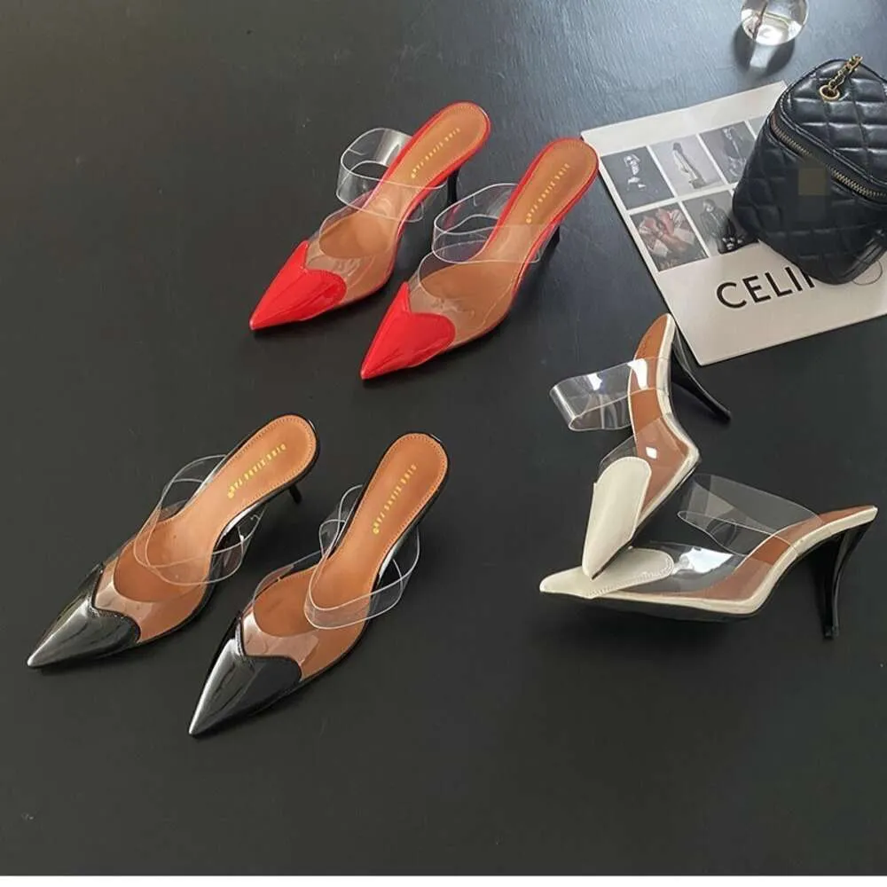 CHMURY Pointed Toe Heart High Heels Mules Sandals Slipper For Women 2024 Black White Red Shoes