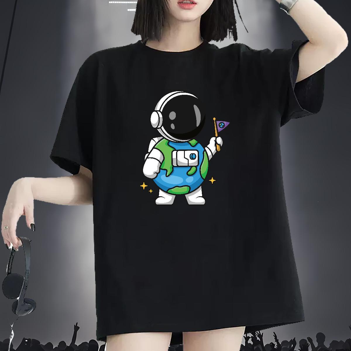 Loose fit Lady T shirt 230g Pure Cotton universe Daily Outfit Women T Shirts O-Neck Short Sleeve Skull Wear