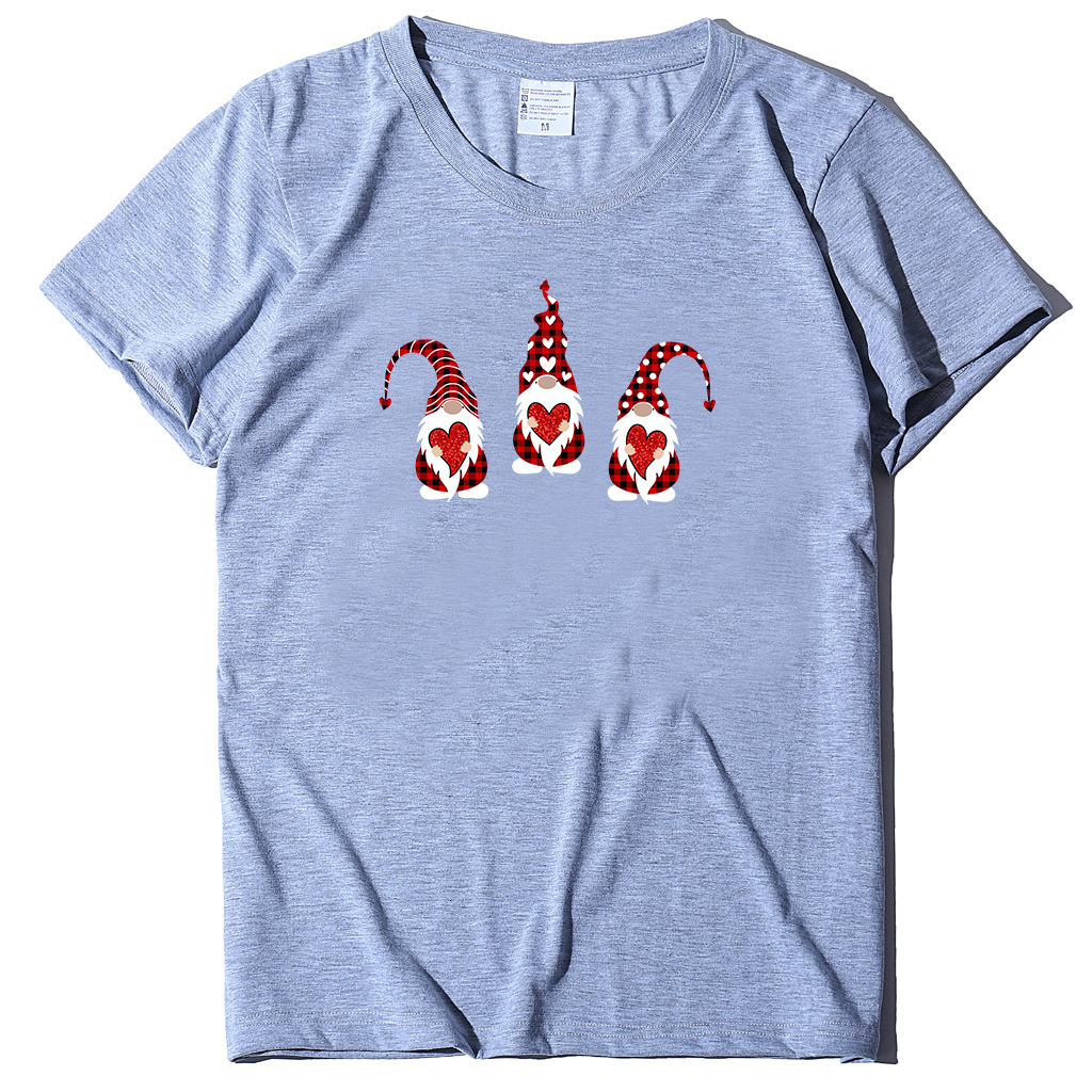 trendy T-shirt with three Santa Claus holding hearts printed multiple colors, available in cotton short sleeves dongdumaoyi