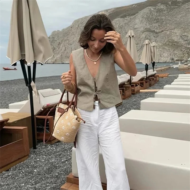 TRAF 2024 Black Cropped Vest Women Jacket Beading Tied Sleeveless Woman Fashion V Neck Summer Short Coats Waistcoat 240826
