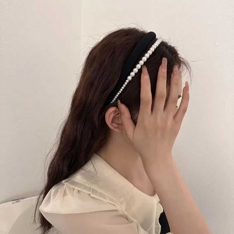Narrow satin pearl double-layer headband womens headband retro elegant black and white sponge headband wedding hair accessory M240826