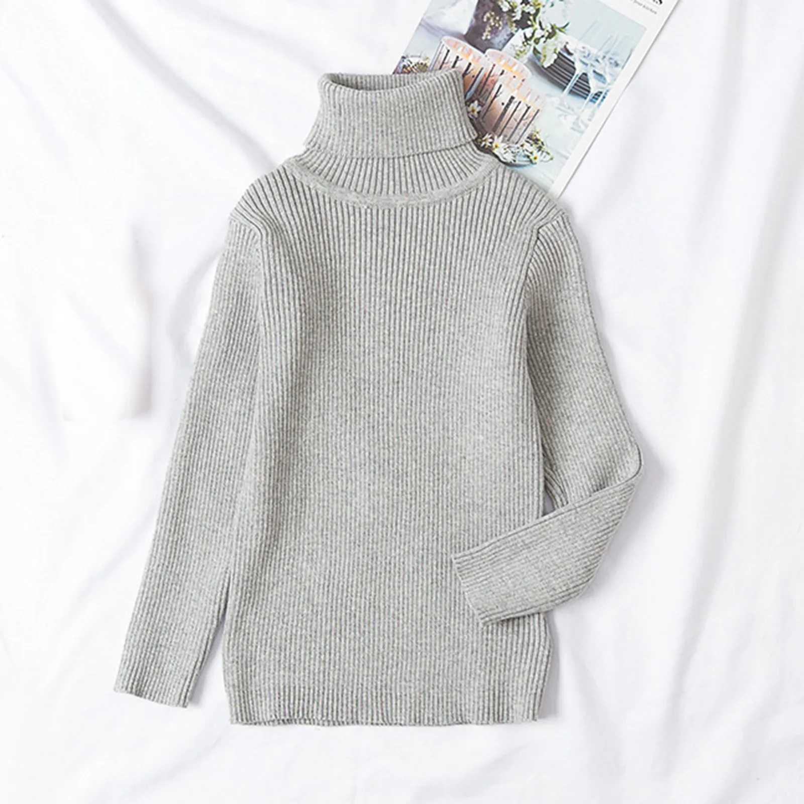 Childrens solid color knitted bottom sweater with floral pattern childrens clothing for autumn and winter new baby boys and girls turtle neck sweaterW