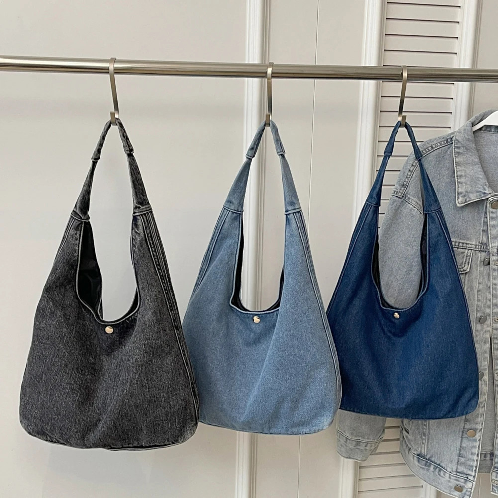 Womens jeans handbag large capacity denim casual solid color shopping bag womens daily commuting 240826