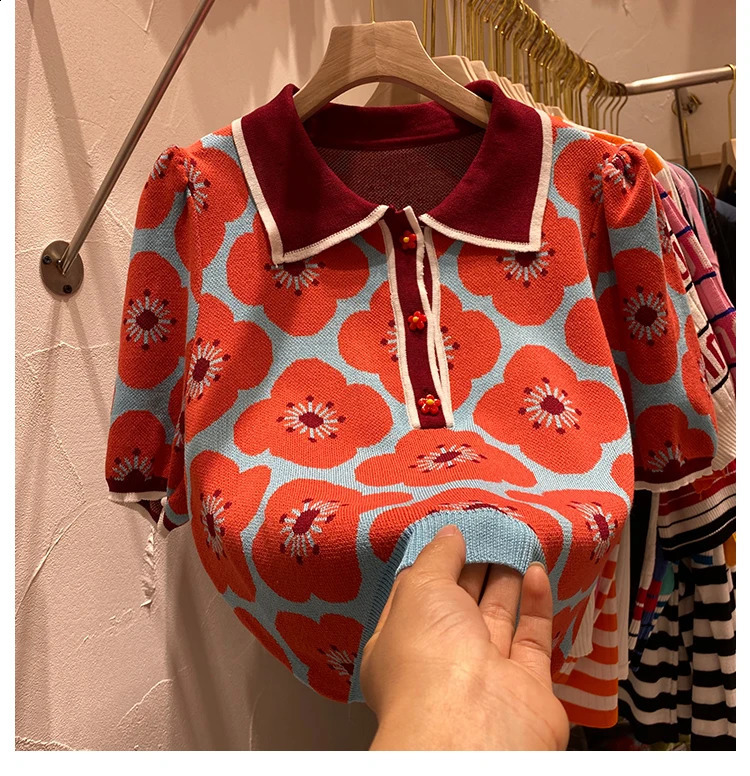 Summer floral womens sweater sweet jacquard short sleeved loose collar knitting fashionable buttons 240826