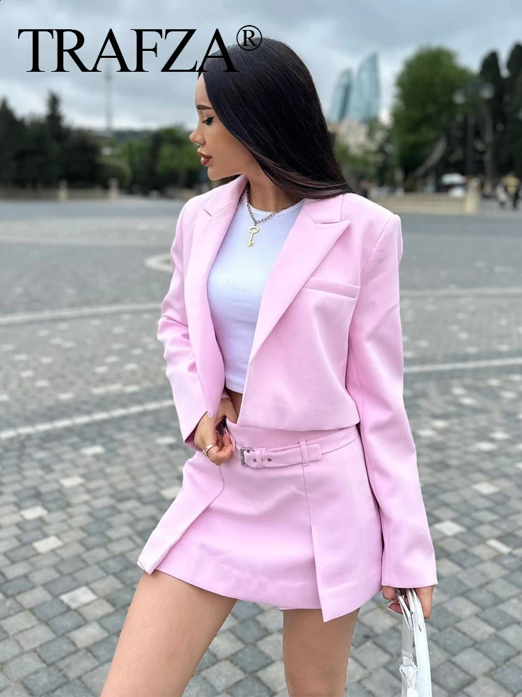 TRAFZA Women Casual Blazer Skirt Set Solid Thin Long Sleeve TopZipper Belt Fold Mini Skirt Shorts Office Lady 2 Piece Sets 240826